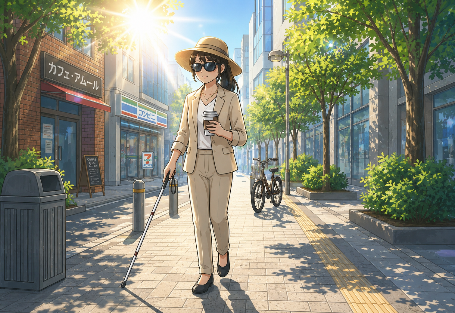 晴れた日に白杖を持ち、遮光眼鏡をつけ、帽子を被った女性が歩いている。