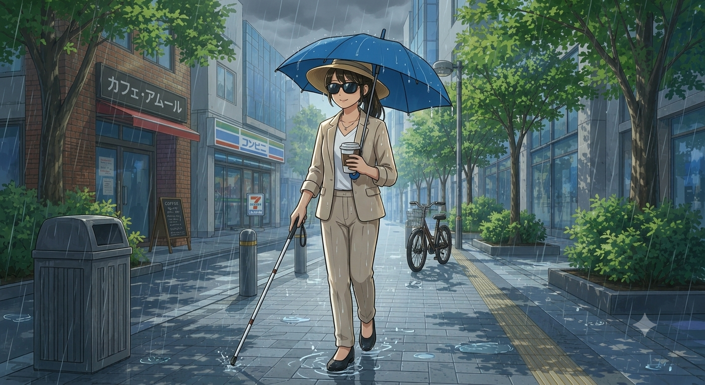 雨の日に右手に白杖、左手に傘を持った女性が歩いている。
