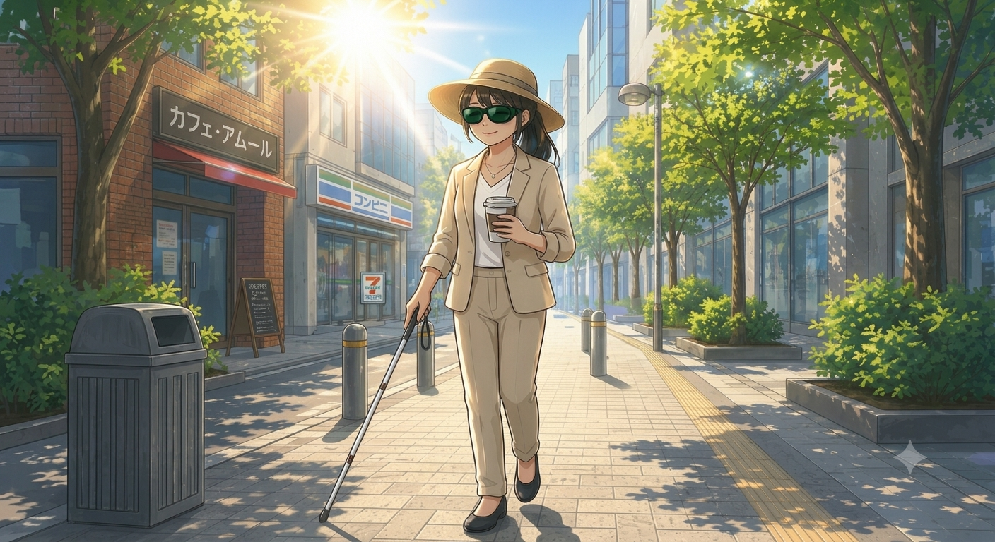 晴れの日に遮光眼鏡と帽子をつけて、白杖を持って歩いている女性