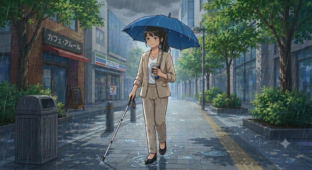 雨の日に右手に白杖、左手に傘を刺している視覚障害のある女性が歩いている画像